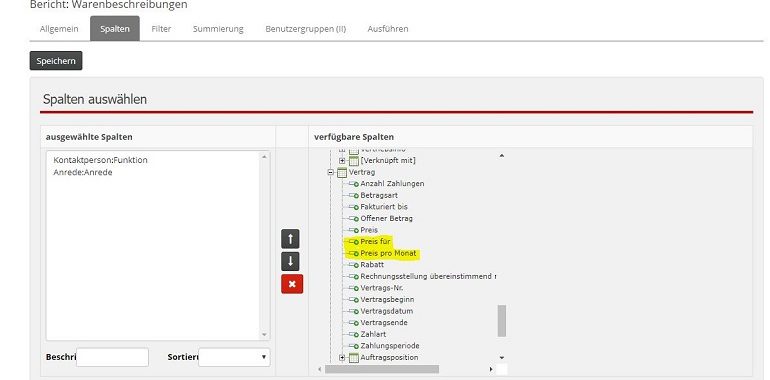 In dem speziellen Berichte-Modul sind jetzt die Spalten „Preis für“ und „Preis pro Monat“ der Verträge verfügbar.