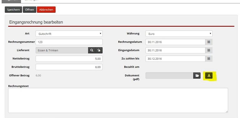 Sie können jetzt auch in der Detailansicht der Eingangsrechnung sehen, ob ein Dokument hinterlegt ist und dieses direkt herunterladen.