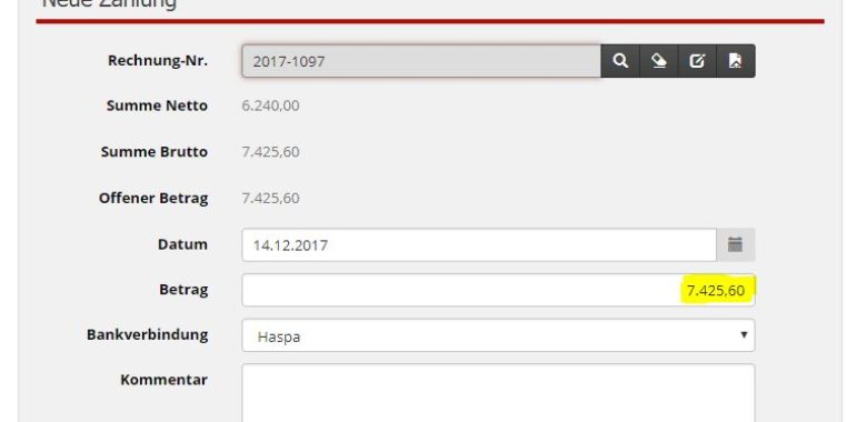 Der Gesamtbetrag der Rechnung wurde automatisch eingefügt.